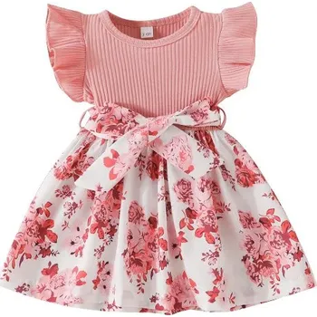 Kojenecké oblečení Kojenecké šatičky s mašlí a květovanou širokou sukní Barva: růžová B, Velikost: 3-6 měsíců