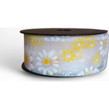 Svatební dekorace Organzaová stuha s potiskem květu 4 cm x 9 m KW02 103 světle žlutá