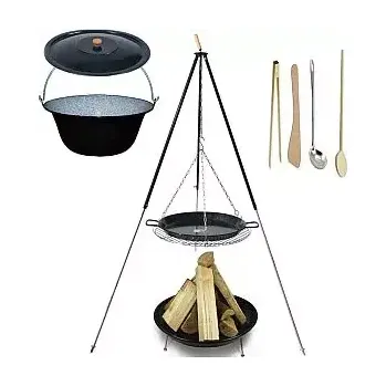 kotlíky Set 3 v 1, trojnožka teleskopická černá 1,8 m, grilovací rošt 60 cm, Paella pánev 50 cm sm. (grilovací rošt 50 cm se smaltovanou Paella pánví 50 cm na teleskopické trojnožce 1,8 m a smaltovaný kotlík 22 L s poklicí včetně příslušenství)