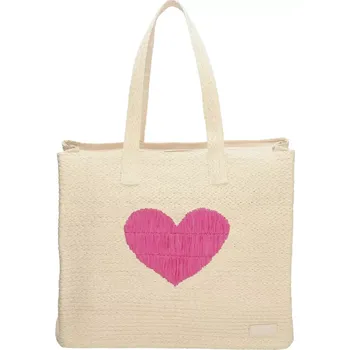 Kabelka Dámská letní kabelka PE-Florence Natural Life 20682 – béžová, papírové lýko, srdce na přední straně, dlouhé popruhy, ideální na pláž i dovolenou | Cooltovka.cz