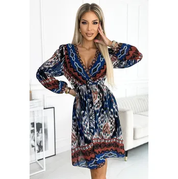 Dámské šaty 516-1 Šifonové šaty s výstřihem a dlouhými rukávy - indický vzor UNI