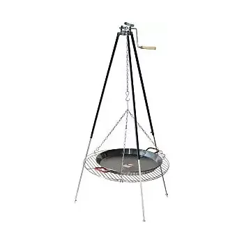 kotlíky Trojnožka teleskopická s kladkou 1,8 m, grilovací rošt 60 cm a Paella pánev 55 cm leštěná ocel (grilovací rošt 60 cm s Paella pánví z leštěné oceli 55 cm na teleskopické trojnožce s kladkou 1,8 m )