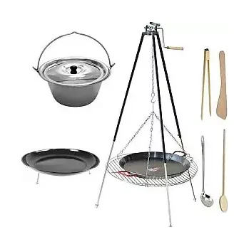 kotlíky Set 3 v 1, trojnožka teleskopická s kladkou 1,8 m, rošt 70 cm a Paella pánev 60 cm a kotlík 30 L s poklicí Lux nerez s ohništěm (grilovací rošt 70 cm s ocelovou Paella pánví 60 cm na teleskopické trojnožce 1,8 m s kladkou, kotlík s poklicí Lux nerez 30 L,