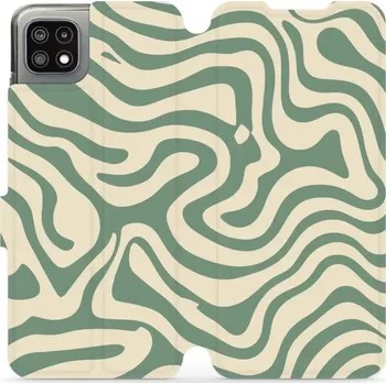 Pouzdro na mobilní telefon Flipové pouzdro Mobiwear - Samsung Galaxy A22 5G - VA57S Zelené a béžové zkrouceniny (Knížkové flip pouzdro, obal, kryt na mobil Samsung Galaxy A22 5G - VA57S Zelené a béžové zkrouceniny, materiál Umělá kůže + TPU - ochrana 360°, stojánek, silikonová)