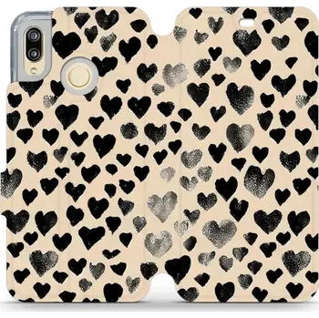 Pouzdro na mobilní telefon Flipové pouzdro Mobiwear - Huawei P20 Lite - VA51S Černá srdíčka (Knížkové flip pouzdro, obal, kryt na mobil Huawei P20 Lite - VA51S Černá srdíčka, materiál Umělá kůže + TPU - ochrana 360°, stojánek, silikonová vanička, magnetické zavírání)