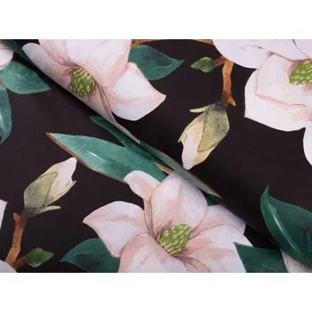 Bavlněná látka/plátno Sandra SA-300 Květy magnolie na černém - šířka 160 cm