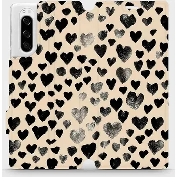Pouzdro na mobilní telefon Flipové pouzdro Mobiwear - Sony Xperia 5 - VA51S Černá srdíčka (Knížkové flip pouzdro, obal, kryt na mobil Sony Xperia 5 - VA51S Černá srdíčka, materiál Umělá kůže + TPU - ochrana 360°, stojánek, silikonová vanička, magnetické zavírání)