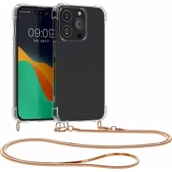 Pouzdro na mobilní telefon Pevné silikonové pouzdro kwmobile Crossbody na mobil Apple iPhone 14 Pro čiré s kovovým popruhem přes rameno nebo na krk - Rose Gold (Silikonový kryt či obal s popruhem kwmobile Crossbodyna mobil Apple iPhone 14 Pro)