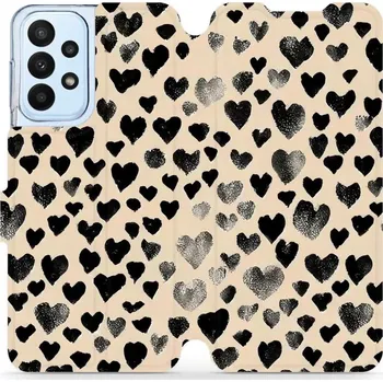 Pouzdro na mobilní telefon Flipové pouzdro Mobiwear - Samsung Galaxy A23 - VA51S Černá srdíčka (Knížkové flip pouzdro, obal, kryt na mobil Samsung Galaxy A23 - VA51S Černá srdíčka, materiál Umělá kůže + TPU - ochrana 360°, stojánek, silikonová vanička, magnetické zavírání)