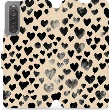 Pouzdro na mobilní telefon Flipové pouzdro Mobiwear - Sony Xperia 10 V - VA51S Černá srdíčka (Knížkové flip pouzdro, obal, kryt na mobil Sony Xperia 10 V - VA51S Černá srdíčka, materiál Umělá kůže + TPU - ochrana 360°, stojánek, silikonová vanička, magnetické zavírání)