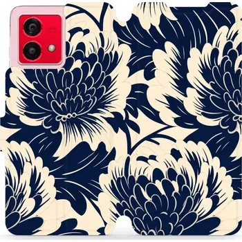 Pouzdro na mobilní telefon Flipové pouzdro Mobiwear - Motorola Moto G84 - VA40S Modré a béžové květy (Knížkové flip pouzdro, obal, kryt na mobil Motorola Moto G84 - VA40S Modré a béžové květy, materiál Umělá kůže + TPU - ochrana 360°, stojánek, silikonová vanička, magnetické zavírá