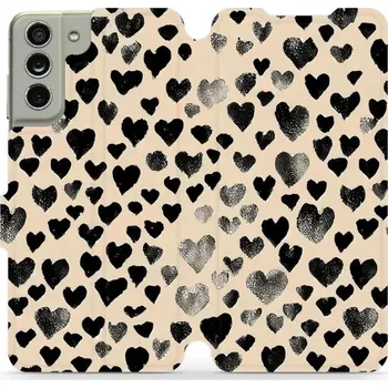 Pouzdro na mobilní telefon Flipové pouzdro Mobiwear - Samsung Galaxy S21 FE - VA51S Černá srdíčka (Knížkové flip pouzdro, obal, kryt na mobil Samsung Galaxy S21 FE - VA51S Černá srdíčka, materiál Umělá kůže + TPU - ochrana 360°, stojánek, silikonová vanička, magnetické zavírání)