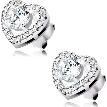 Náušnice Stříbrné 925 náušnice, kulatý čirý zirkon ve třpytivém obrysu srdce, výřezy