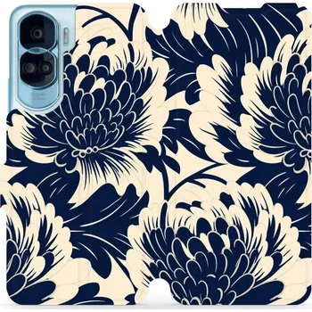 Pouzdro na mobilní telefon Flipové pouzdro Mobiwear - Honor 90 Lite - VA40S Modré a béžové květy (Knížkové flip pouzdro, obal, kryt na mobil Honor 90 Lite - VA40S Modré a béžové květy, materiál Umělá kůže + TPU - ochrana 360°, stojánek, silikonová vanička, magnetické zavírání)