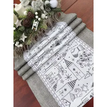 ubrus Běhoun vánoční - šedá vánoční vesnička v kombinaci s šedou