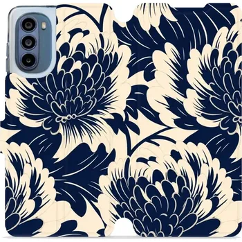 Pouzdro na mobilní telefon Flipové pouzdro Mobiwear - Motorola Moto G62 5G - VA40S Modré a béžové květy (Knížkové flip pouzdro, obal, kryt na mobil Motorola Moto G62 5G - VA40S Modré a béžové květy, materiál Umělá kůže + TPU - ochrana 360°, stojánek, silikonová vanička, magnetické)