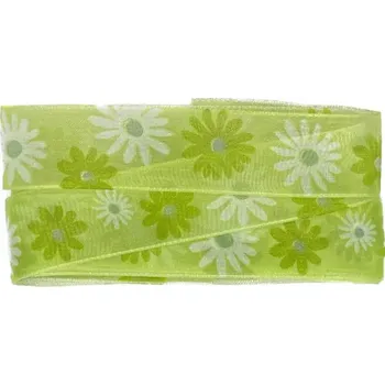 Stuha Stuha taftová SPRING FLOWER zelená 25mm x 2m (6,- Kč/m) (Skládaná taftová stuha, průsvitná, SPRING FLOWER, průsvitná, oboustranná, s vetkaným vlascem )