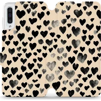 Pouzdro na mobilní telefon Flipové pouzdro Mobiwear - Samsung Galaxy A50 - VA51S Černá srdíčka (Knížkové flip pouzdro, obal, kryt na mobil Samsung Galaxy A50 - VA51S Černá srdíčka, materiál Umělá kůže + TPU - ochrana 360°, stojánek, silikonová vanička, magnetické zavírání)
