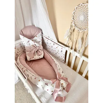 Příslušenství pro dětskou postel a kolébku Set do postýlky - podzimní lístky s pudrovým velvetem