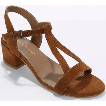 Dámské sandále Kožené páskové sandály na podpatku karamelová 38