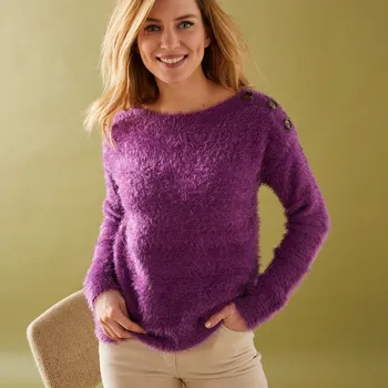 Dámský svetr Pulovr s lodičkovým výstřihem, z úpletu s vlasem švestková 42/44