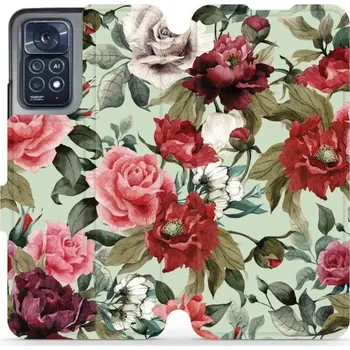 Pouzdro na mobilní telefon Flipové pouzdro Mobiwear - Xiaomi Note 12 Pro 4G - MD06P Růže a květy na světle zelené (Knížkové flip pouzdro, obal, kryt na mobil Xiaomi Note 12 Pro 4G - MD06P Růže a květy na světle zelené, materiál Umělá kůže + TPU - ochrana 360°, stojánek, silikonová)