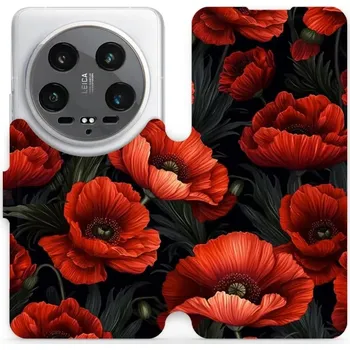 Pouzdro na mobilní telefon Flipové pouzdro Mobiwear - Xiaomi 14 Ultra 5G - VP45S Temné červené květy (Knížkové flip pouzdro, obal, kryt na mobil Xiaomi 14 Ultra 5G - VP45S Temné červené květy, materiál Umělá kůže + TPU - ochrana 360°, stojánek, silikonová vanička, magnetické zavírá