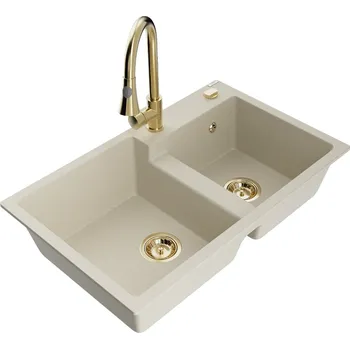 Granitový dřez Mexen Tomas 2miskový granitový dřez s kuchyňskou baterií Elia, béžová - 6516-69-670101-50