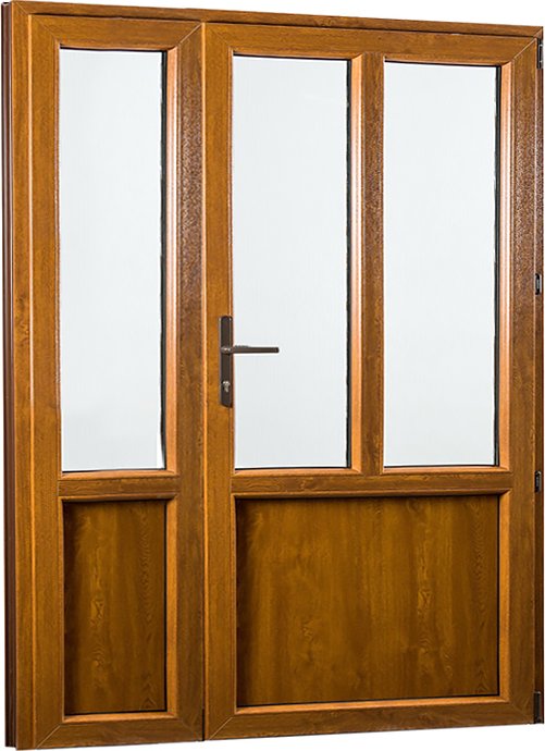 SKLADOVÁ-OKNA.cz Vedlejší vchodové dveře dvoukřídlé, pravé, REHAU Smartline+ - 1480 x 2080 mm Bílá dovnitř / Zlatý dub ven