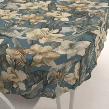 ubrus Dekorační oválný ubrus Porto PRT-005 Květy a listy na tmavě modrém 100x140 cm
