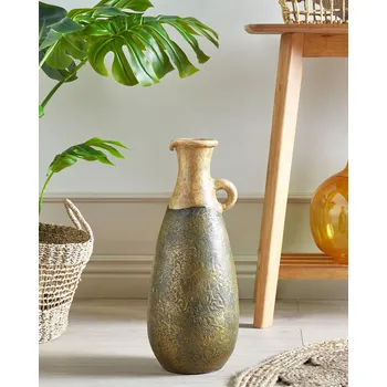 Váza Dekorativní váza zelená a zlatá terakota 50 cm ručně malovaná retro vintage design Beliani