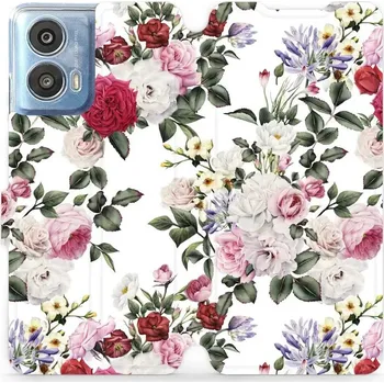 Pouzdro na mobilní telefon Flipové pouzdro Mobiwear - Motorola Moto G24 / Moto G04 - MD01S Růže na bílé (Knížkové flip pouzdro, obal, kryt na mobil Motorola Moto G24 / Moto G04 - MD01S Růže na bílé, materiál Umělá kůže + TPU - ochrana 360°, stojánek, silikonová vanička, magnetické)