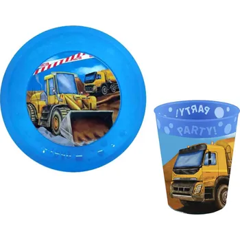 dětská jídelní sada 2 - DÍLNÝ JÍDELNÍ PLASTOVÝ SET Bagr stavební stroje pohárek a talířek