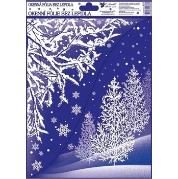 Vánoční dekorace Anděl Okenní fólie rohová s glitry zimní krajina 38 x 30 cm
