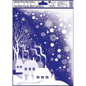 Vánoční dekorace Anděl Okenní fólie rohová s glitry vesnička v zimě 38 x 30 cm