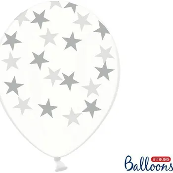 PartyDeco balónky průhledné se stříbrnými hvězdami (6 ks)