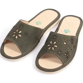 Dámské pantofle Dámské kožené pantofle velur khaki 39