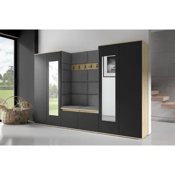 Předsíňová stěna Předsíňová stěna Emi 10 - dub Artisan/černá Barva čalounění: Tmavě šedá - Trinity 15