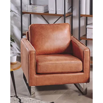 Křeslo Křeslo zlatavě hnědé umělé kůže pásové paže kovové nohy retro Beliani