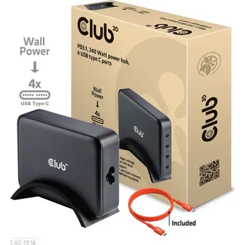 Pouzdro na mobilní telefon Club3D cestovní nabíječka 240W GaN technologie, 4xUSB-C, PPS + PD 3.1 Support CAC-1918