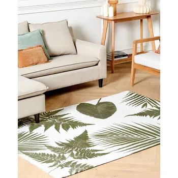Koberec Koberec zelený a bílý bavlněný 140 x 200 cm se vzorem listů rustikální boho styl Beliani
