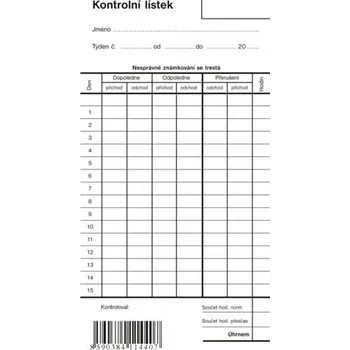 Kontrolní lístek (píchačka), jednoduchý, 9 x 19 cm