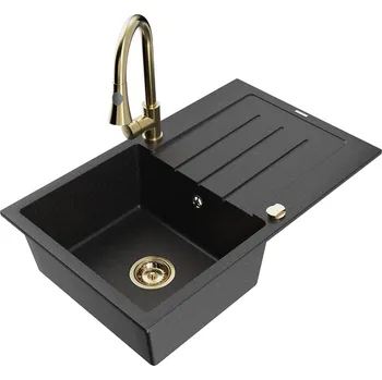 Granitový dřez MEXEN/S - Bruno granitový dřez 1 s odkapávačem včetně baterie Elia, černá/stříbrná metalik 6513-73-670101-50