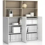 PLAN Dvojitá kancelářská policová skříň 2-dveřová SEGMENT, uzamykatelná, 8 polic, bílá / dub přírodní