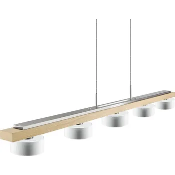 HerzBlut Estelle trámové závěsné světlo přírodní - baldachýn - délka 34 cm, šířka 7 cm, výška 5 cm; výška stínidel 5 cm; šířka trámu 6,5 cm dub se suky přírodní, opálově bílá, nikl matný 5 x 6 W LED (downlight) + 1 x 7 W LED (uplight) - Doprava zdarma