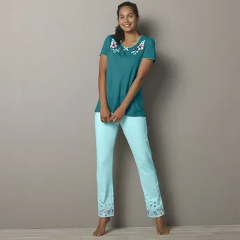 Dámské pyžamo Blancheporte Pyžamové dlouhé kalhoty s květinovým potiskem na koncích nohavic bledě modrá 42/44