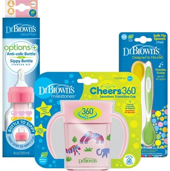 teploměr do vody pro miminko DR.BROWN'S Set láhev 2v1 růžová + Hrnek Cheers Jungle 200ml + Lžičky