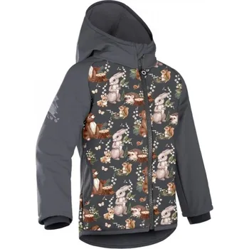 Dětská móda Unuo (ušito v ČR) Dětská softshellová bunda s fleecem Unuo lesní zvířátka šedá