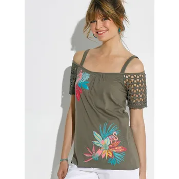 Dámské tričko Blancheporte Tričko s macramé a odhalenými rameny khaki 52