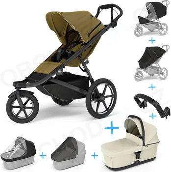 Kočárek Set 7v1 Thule Urban Glide 3 Nutria green + pláštěnka + ochranná síť + madlo + korbička Soft beige + pláštěnka + ochranná síť na korbičku